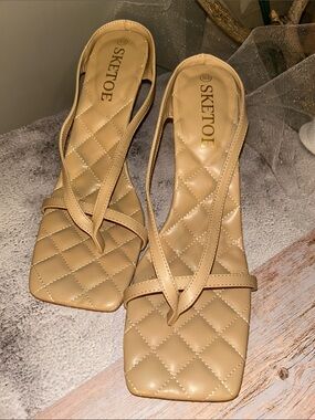 Tan Quilted Square-Toe Thong Sandal -  New